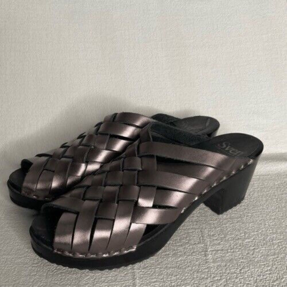 Sven Leather Wooden Soles Open Toe Swedish Sandals Women Size 40/US9.5-10 Silver